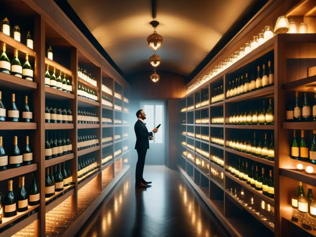 Una bodega de champán exclusiva con botellas vintage alineadas, sommelier inspeccionando una botella con reverencia