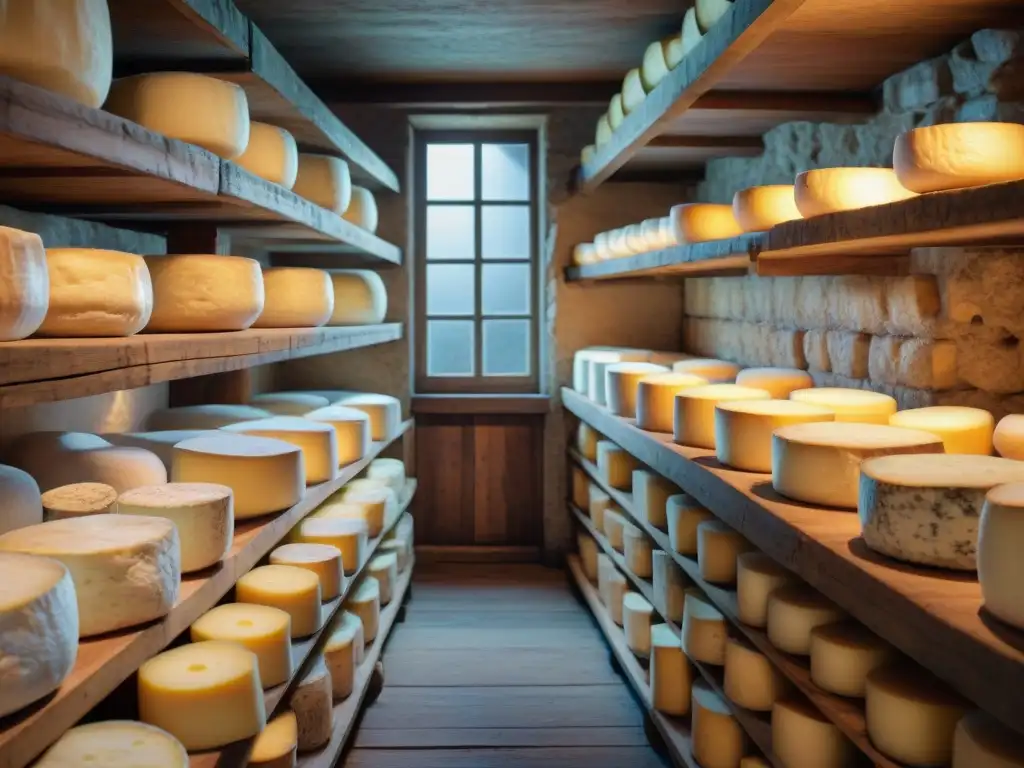 Una bodega francesa antigua llena de quesos Camembert, Roquefort y Brie envejecidos