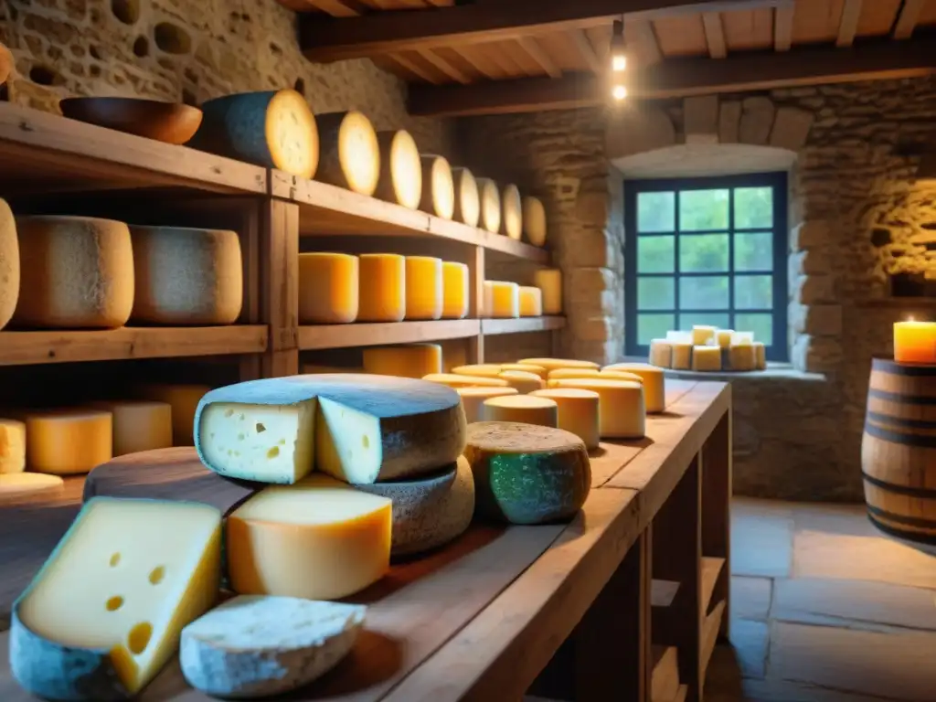 Una bodega francesa centenaria con quesos envejecidos, iluminada por velas