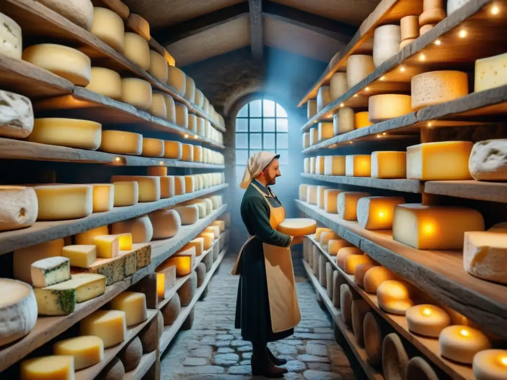 Una bodega francesa histórica con quesos envejecidos como Brie, Camembert y Roquefort