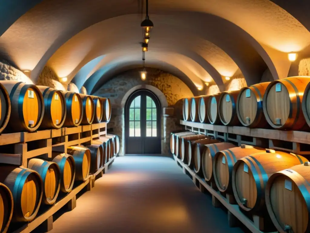 Una bodega francesa tradicional con barricas de vino envejeciendo, iluminada por la luz solar