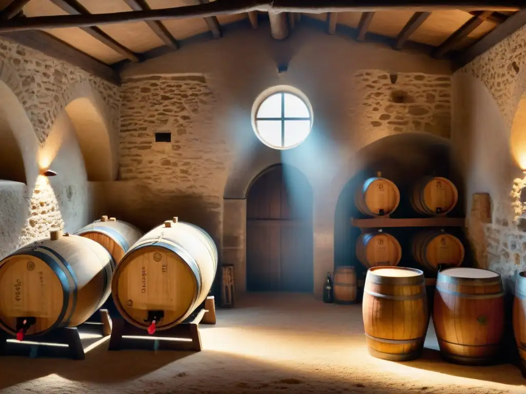 Una bodega francesa tradicional con barricas de vino envejeciendo, iluminada cálidamente