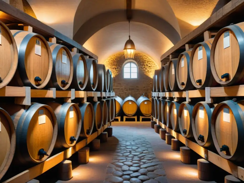 Una bodega francesa tradicional con barricas de roble llenas de uvas fermentando, iluminada por una tenue luz ambiental