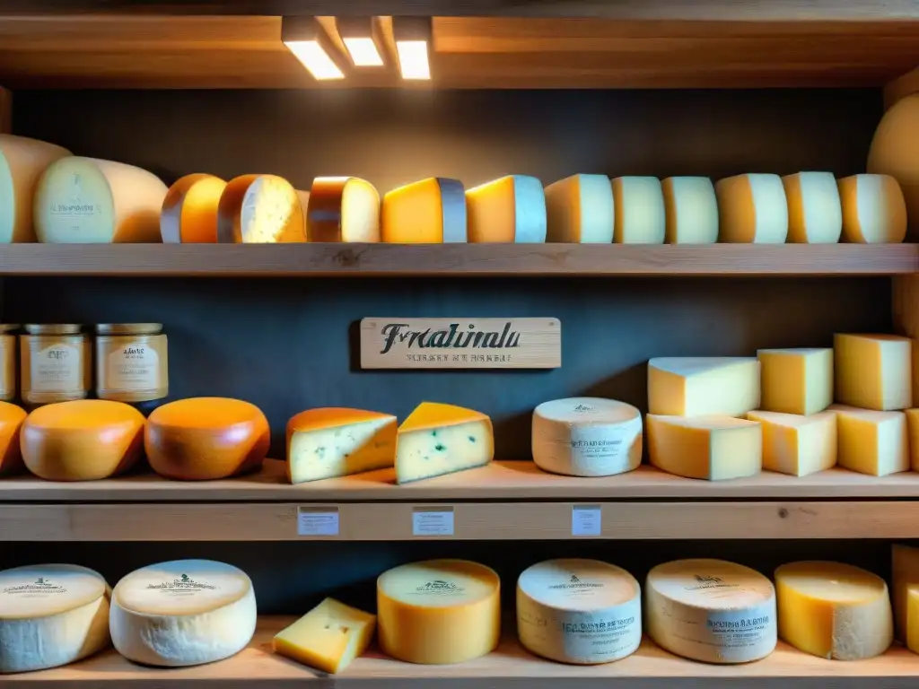 Una bodega francesa tradicional llena de quesos envejecidos, iluminada tenuemente