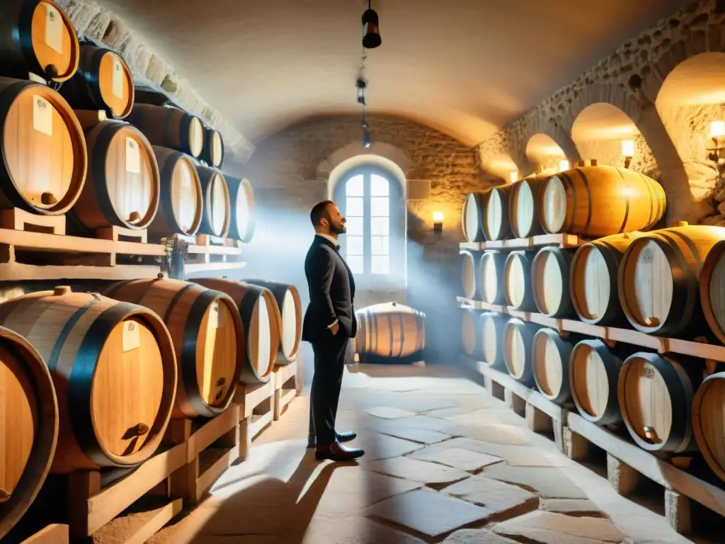 Una bodega francesa tradicional llena de barricas de Vin Jaune, iluminada por la luz del sol