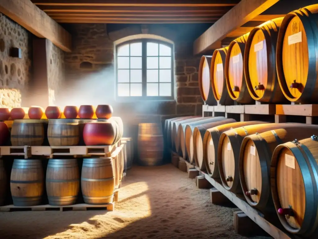 Una bodega francesa tradicional de sidra, con barricas de madera llenas de sidra de manzana en fermentación, etiquetadas a mano