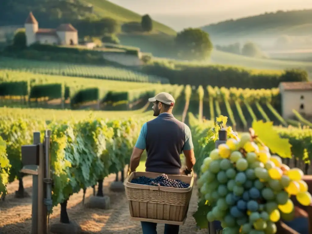 Una bodega francesa tradicional durante la vendimia, con trabajadores cosechando uvas al atardecer