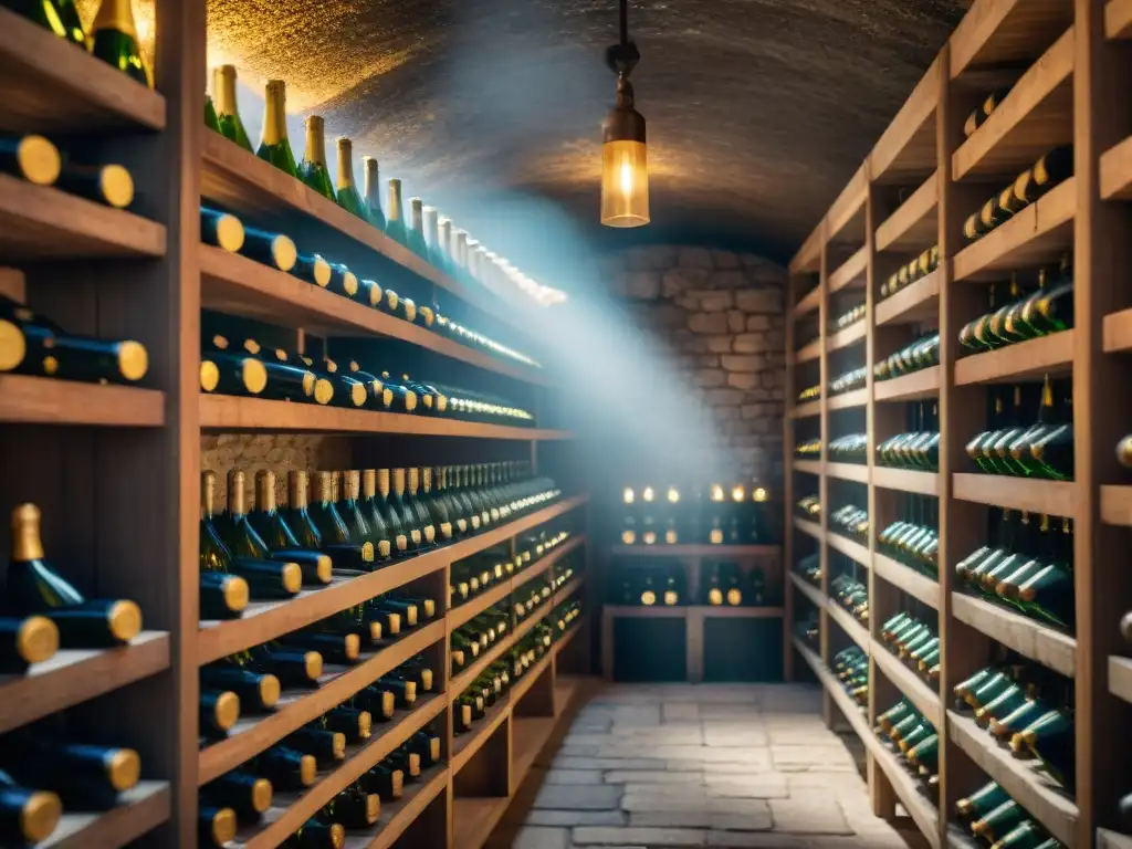 Una bodega de champán histórica iluminada con delicadeza, evocando la historia del Champagne en celebraciones