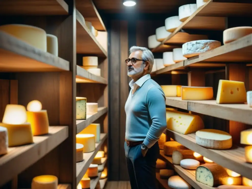 Una bodega de madera llena de quesos franceses de diversos colores y texturas envejeciendo