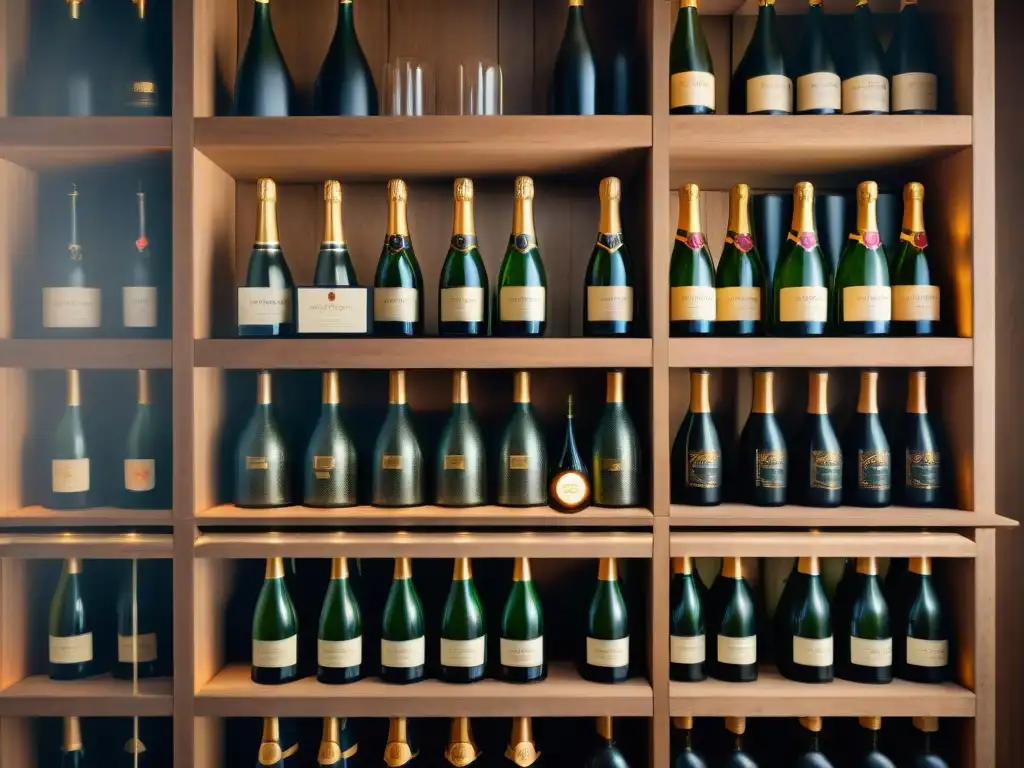 Una bodega misteriosa con botellas de Champagne premium en estantes de madera envejecida, perfecta para coleccionistas