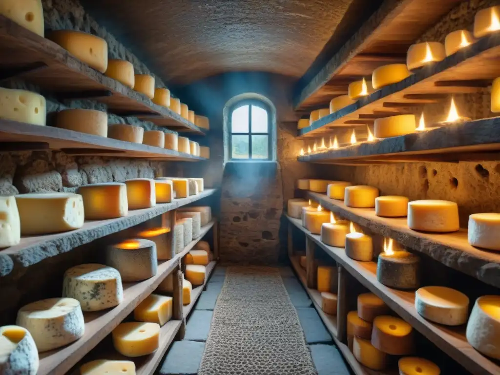 Una bodega de piedra en la región francesa de Auvernia, iluminada por antorchas, con ruedas de queso Fourme d'Ambert en estantes de madera y herramientas históricas de la fabricación de queso