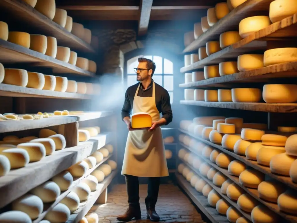 Una bodega de queso alsaciana tradicional con ruedas de Queso Munster envejeciendo, reflejando el carácter gastronómico de Alsacia