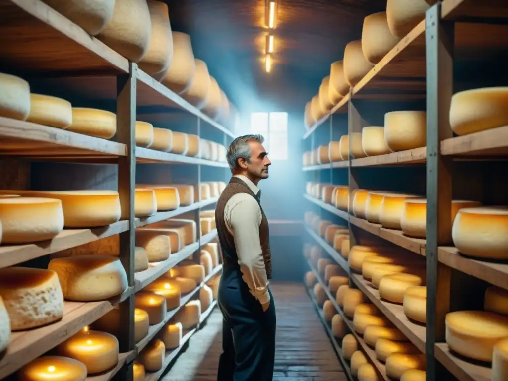 Una bodega de queso centenaria en Francia, con quesos envejeciendo y moldes en las cortezas, iluminada de forma tenue