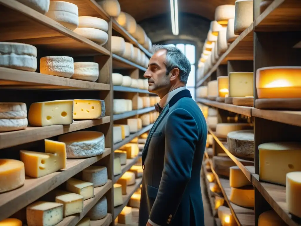 Una bodega de queso francés centenaria con quesos envejecidos en estantes de madera, iluminada por suave luz de velas