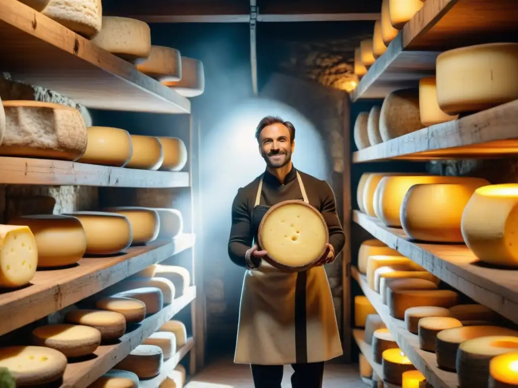 Una bodega de queso francés con ruedas de Comté envejeciendo, iluminada por luz natural