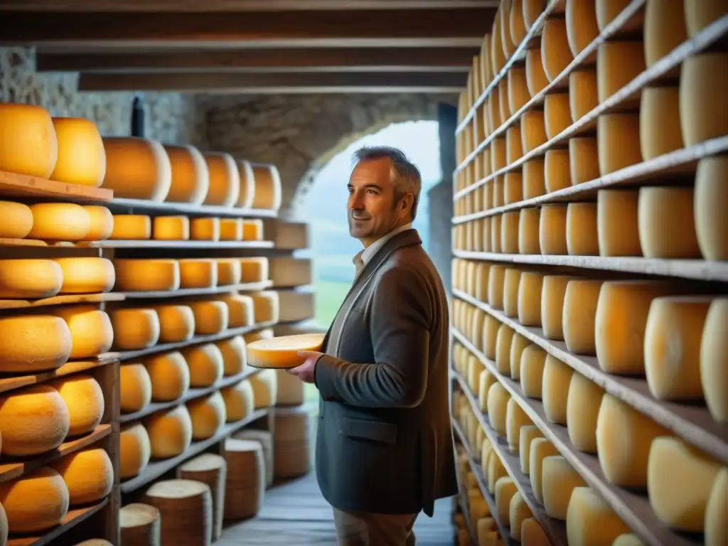 En la bodega de queso Comté: origen y degustación, un artesano inspecciona las ruedas de queso envejecido