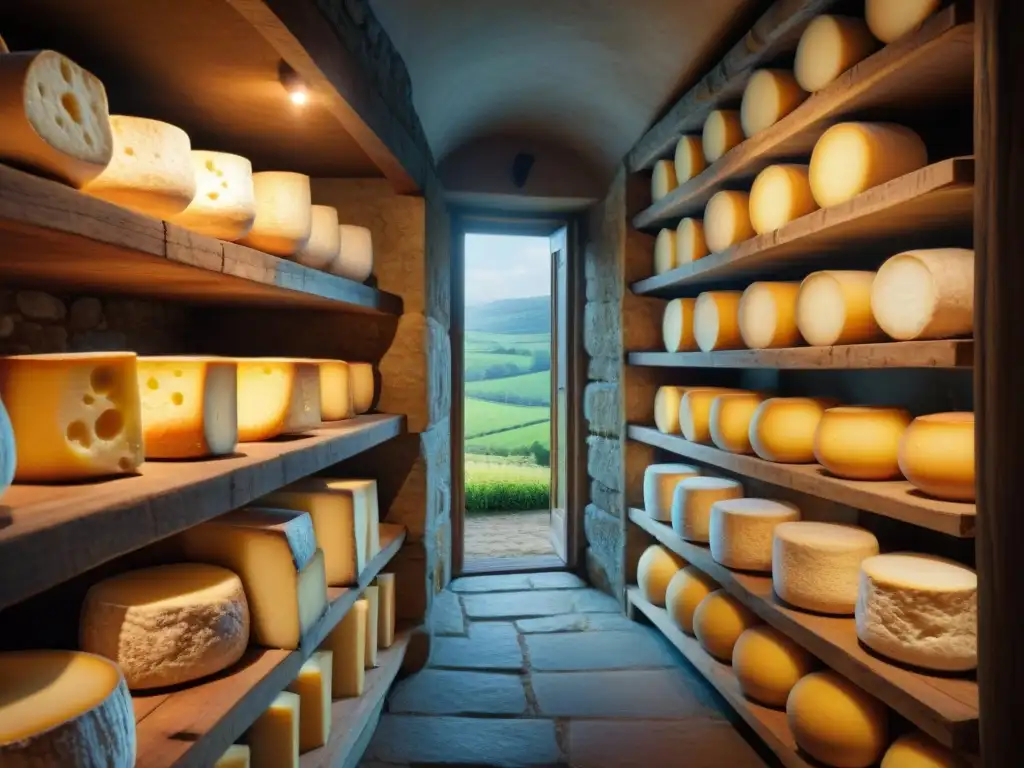 Una bodega de queso en Francia con ruedas de Camembert, Roquefort y Brie en un ambiente tradicional y acogedor