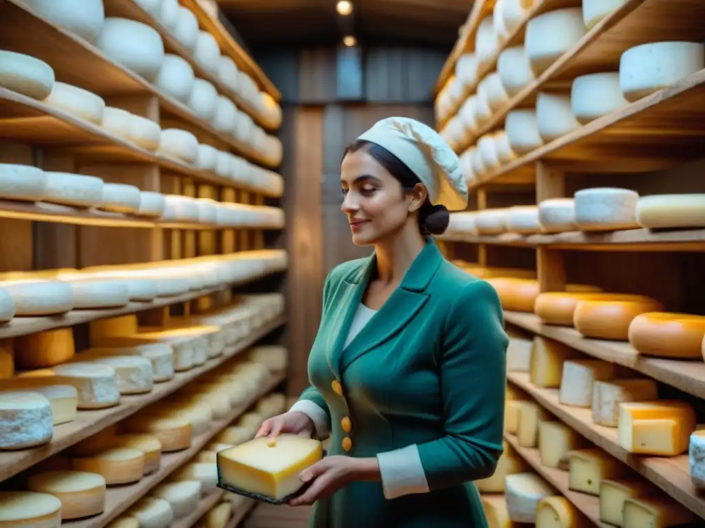 Una bodega de queso francés tradicional, con quesos envejecidos en estantes de madera, y un quesero inspeccionando un queso