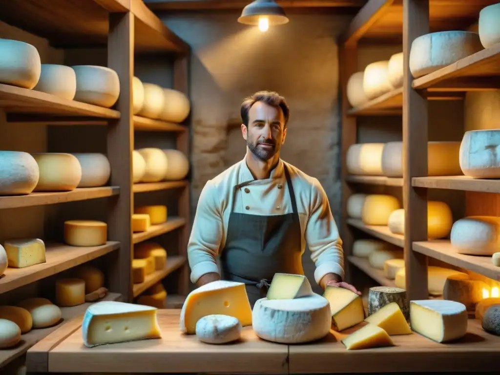 Una bodega de quesos de cabra franceses única, con ruedas de queso envejecido y recién hechas en estantes de madera