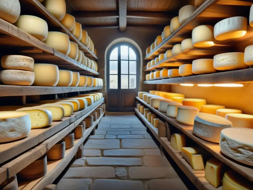 Una bodega de quesos franceses centenarios, iluminada con luz tenue, muestra una variedad de quesos envejecidos en estantes de madera