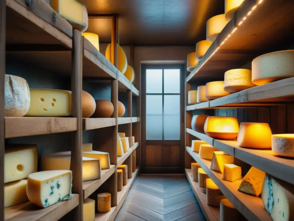 Una bodega de quesos franceses menos conocidos, en penumbra, con quesos envejeciendo y detalles únicos en la corteza