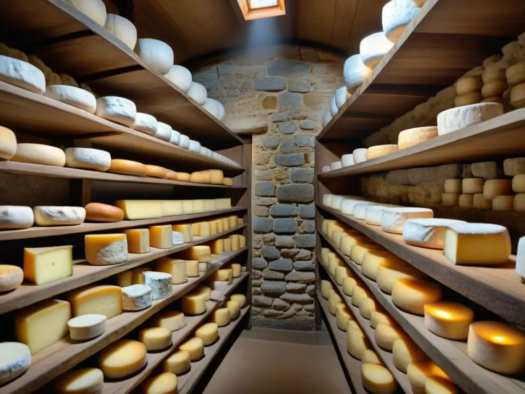 Una bodega de quesos franceses icónicos, iluminada tenue, repleta de estantes de madera con Camembert, Brie y Roquefort envejeciendo