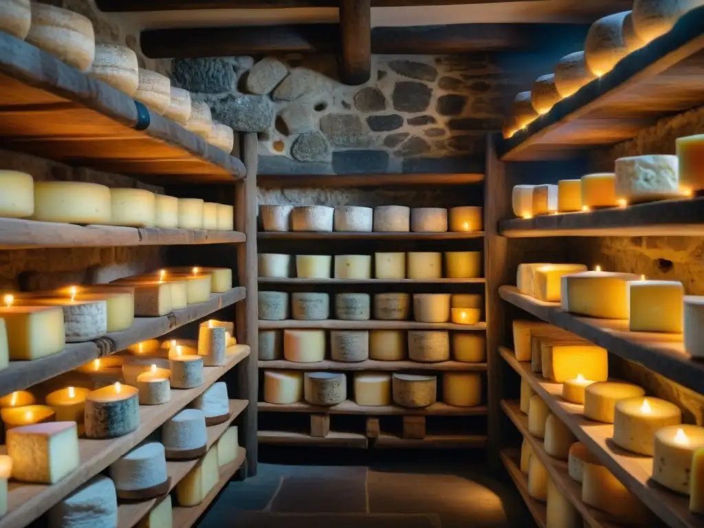 una bodega de quesos franceses iluminada por velas, evocando historia y tradición en la gastronomía