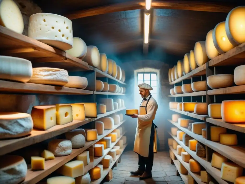 Una bodega de quesos franceses con influencia cultural, repleta de ruedas de queso envejecido en estantes de madera, iluminada por tenues rayos de luz