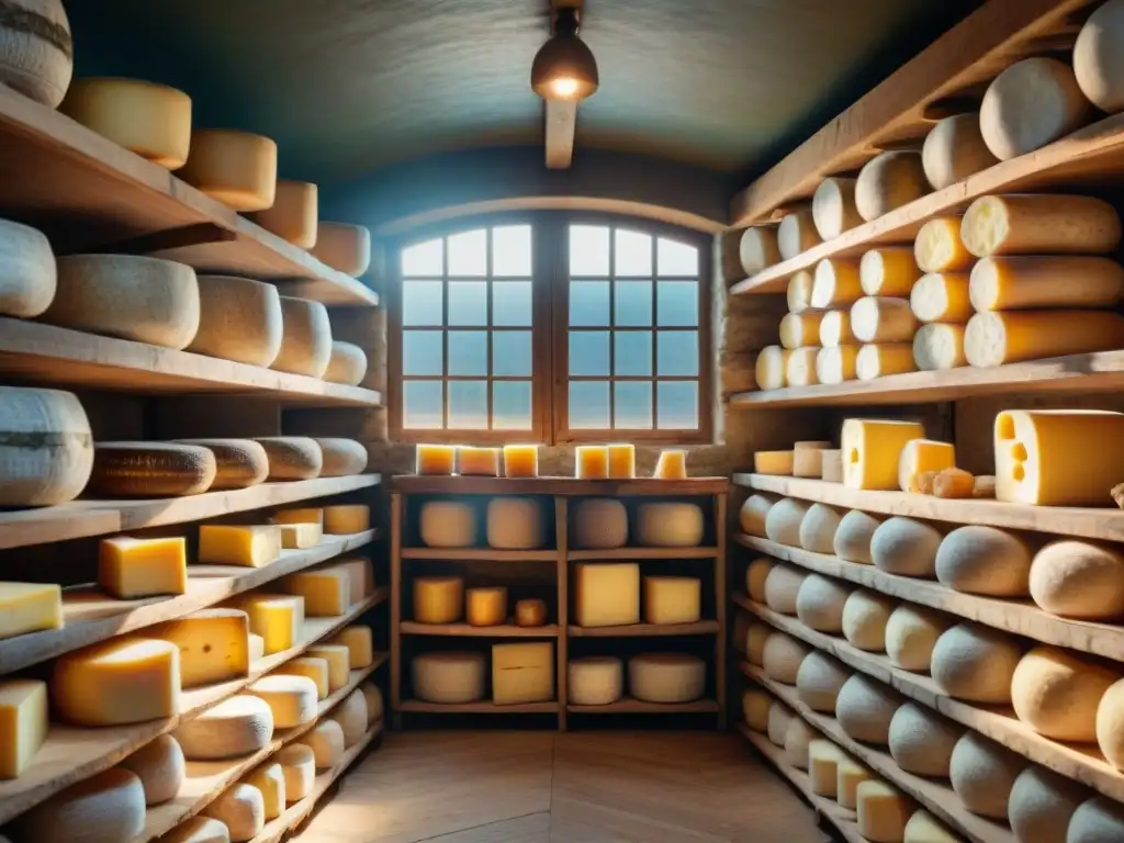 Una bodega de quesos franceses con influencia estacional, exhibiendo ruedas de queso envejecido meticulosamente organizadas