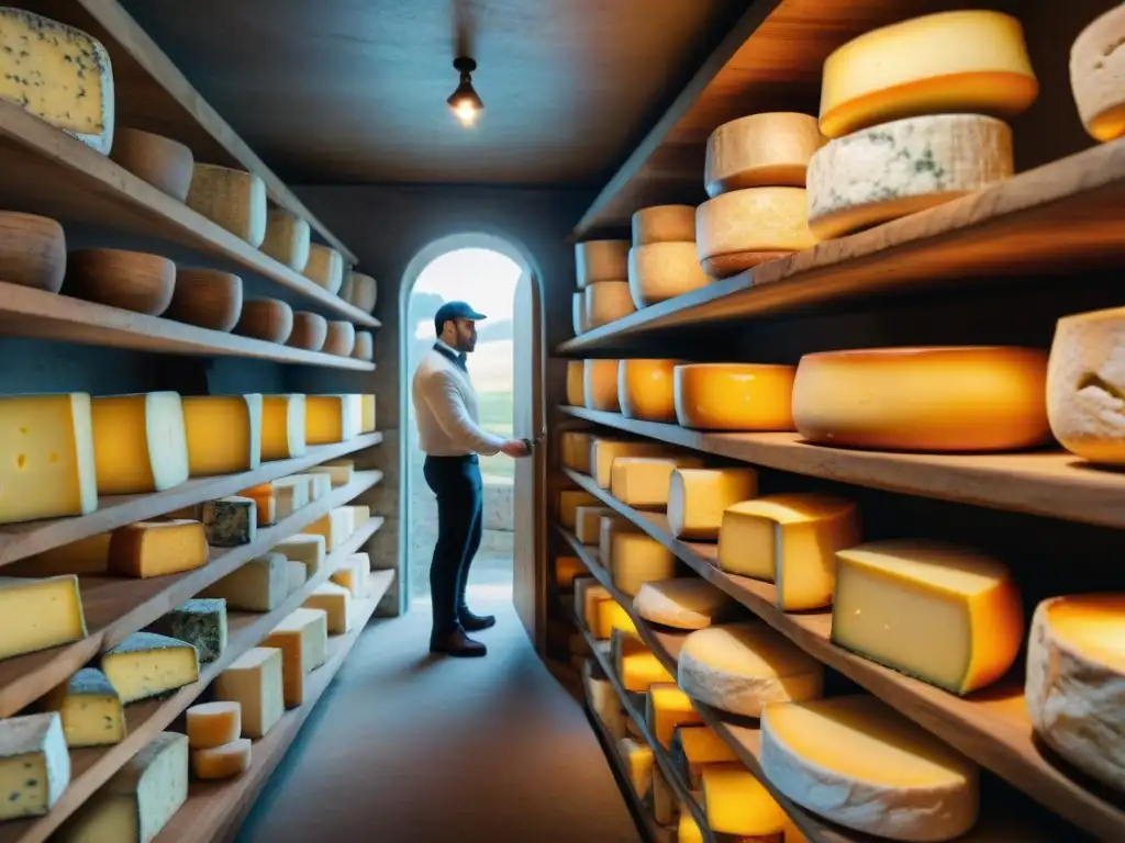 Una bodega de quesos franceses llena de encanto rústico, con variedad de quesos artesanales en diferentes etapas de maduración