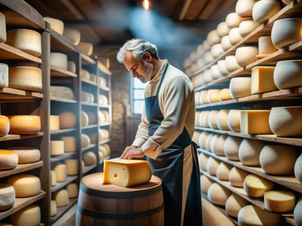 Una bodega de quesos franceses perfecta, con maestro quesero y ruedas de queso en distintas etapas de maduración