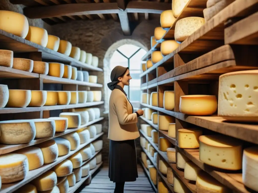 Una bodega de quesos franceses tradicionales con ruedas de queso envejeciendo en estantes de madera, iluminada por la luz solar