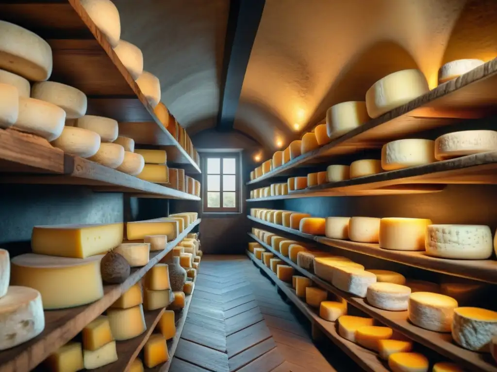 Una bodega de quesos franceses tradicionales, con ruedas de queso envejecido en estantes de madera