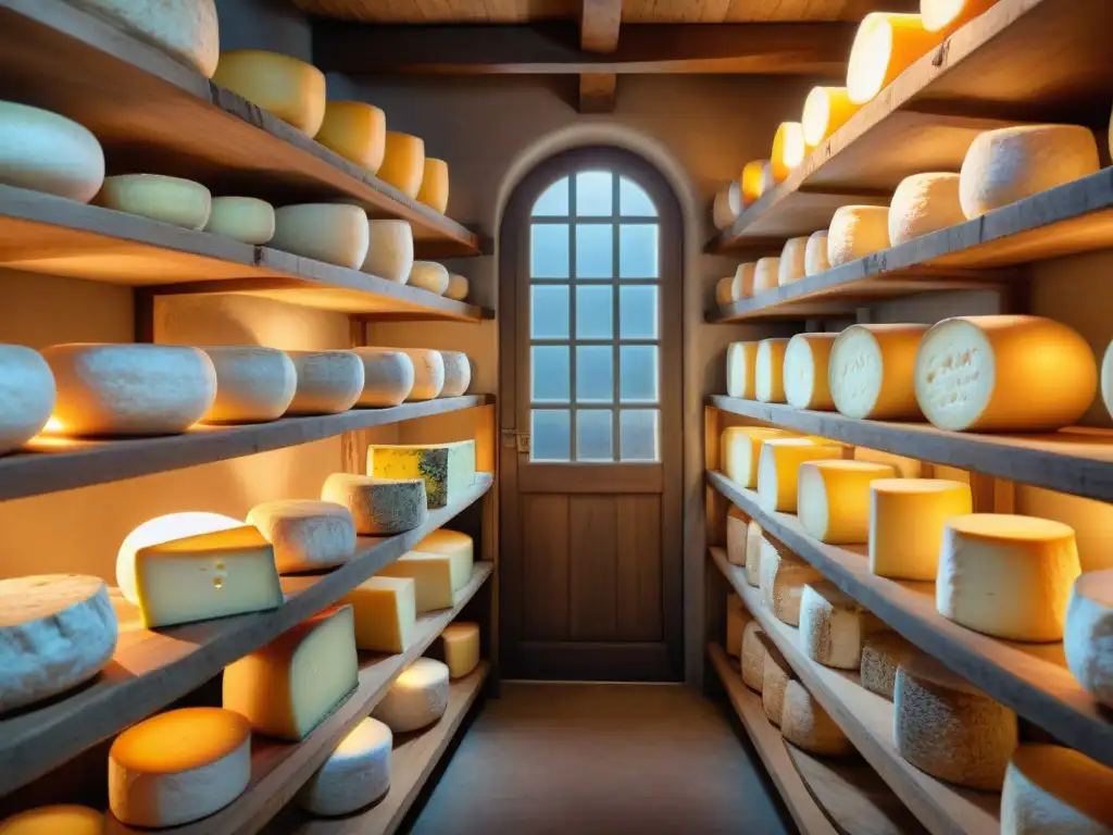 Una bodega de quesos franceses tradicionales, con ruedas de Camembert, Brie y Roquefort en estantes de madera