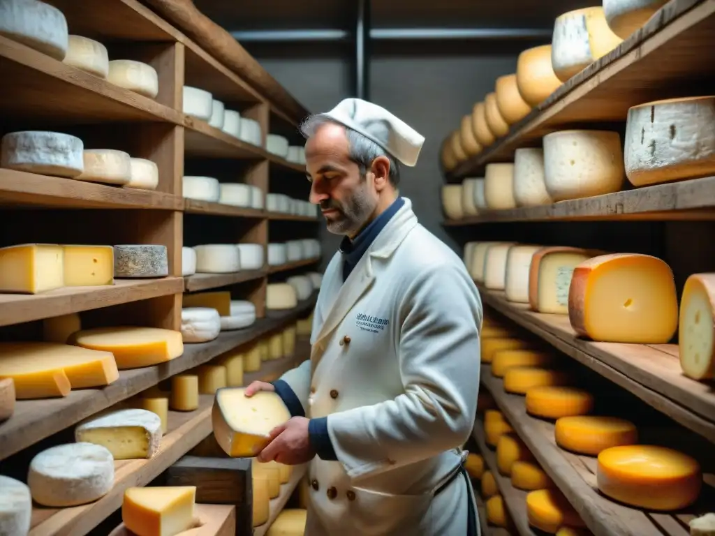 Una bodega de quesos franceses tradicionales y sabores, con un quesero inspeccionando una rueda de queso