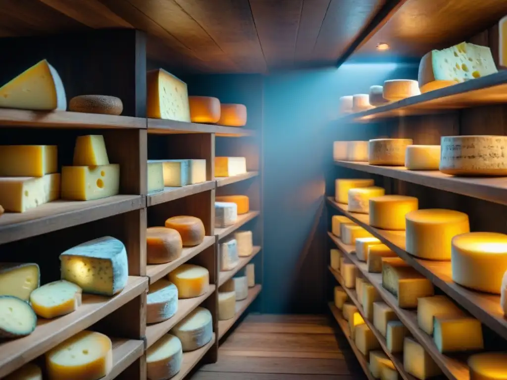 Una bodega de quesos franceses tradicionales y modernos, con etiquetas en las estanterías de madera