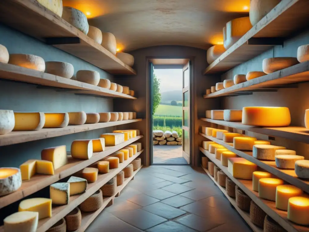 Una bodega de quesos franceses tradicionales y modernos envejeciendo, con texturas y colores en una escena rústica iluminada por el sol