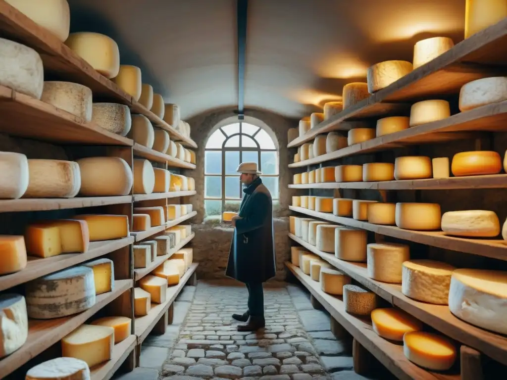 Una bodega de quesos franceses tradicionales y sus historias: ruedas de Camembert, Brie y Roquefort en estantes de madera