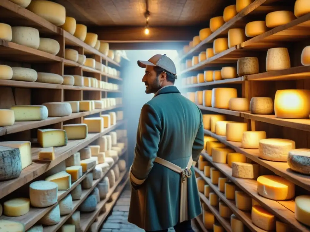 Una bodega de quesos franceses tradicionales, con una cálida iluminación y artesanos inspeccionando las ruedas de queso en estantes de madera