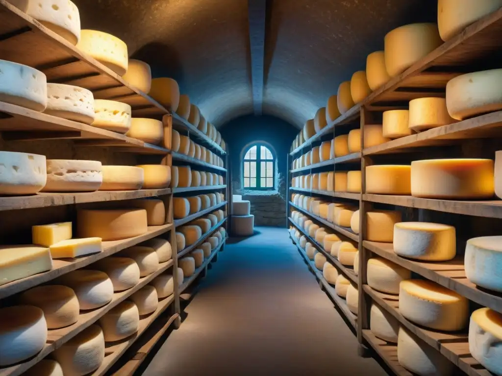 Una bodega de quesos tradicionales de Auvernia, con ruedas de Cantal, Salers y Bleu d'Auvergne en estantes de madera iluminados por luz tenue