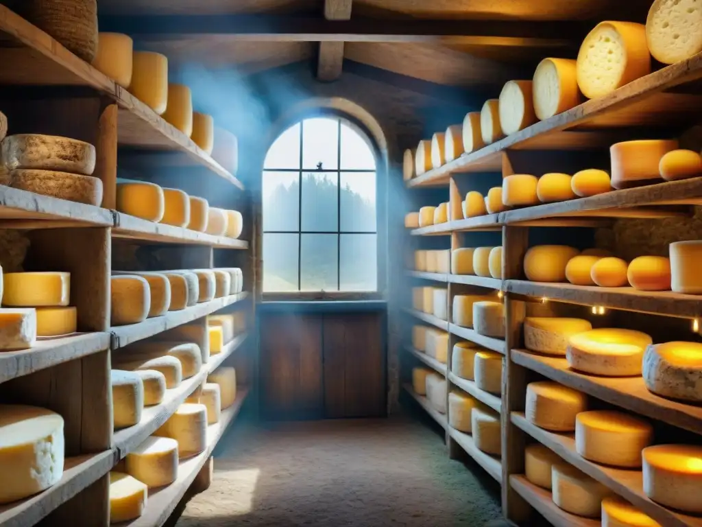 Una bodega de piedra en Francia con ruedas de queso artesanal envejeciendo