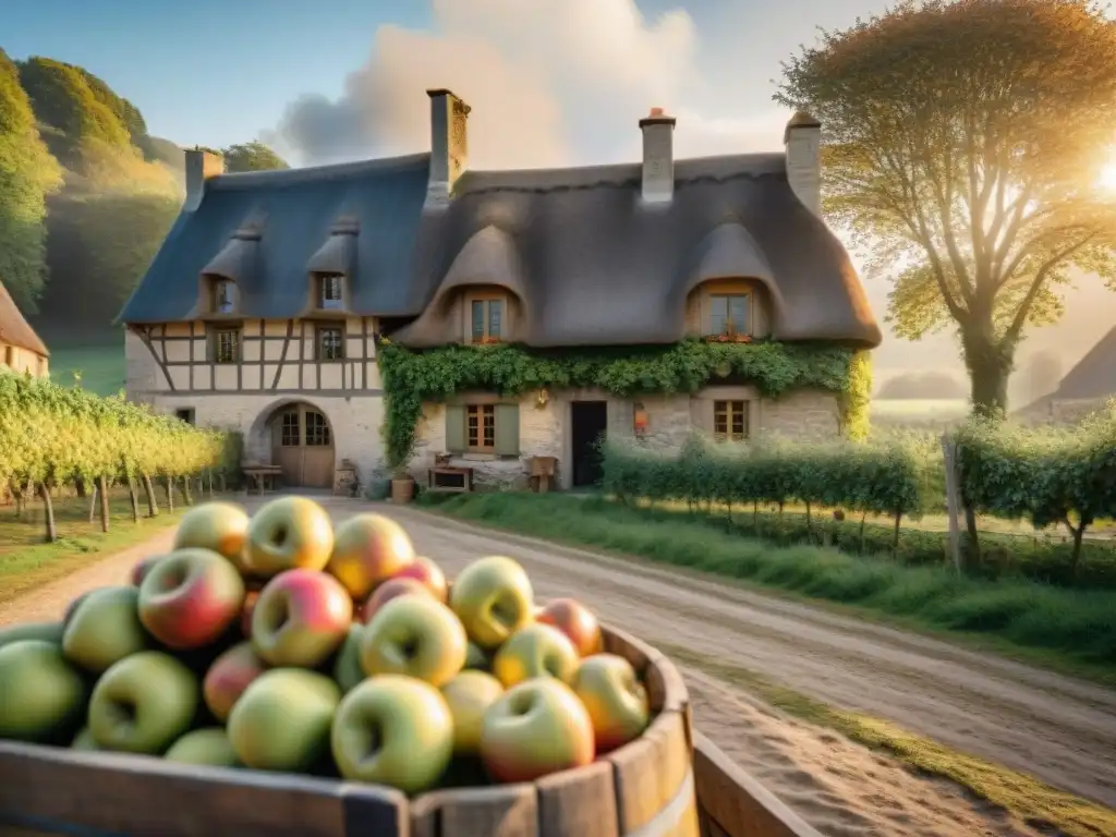 Bodega de sidras francesas tradicionales en la campiña normanda: edificio rústico, huertos de manzanas y trabajadores prensando frutas