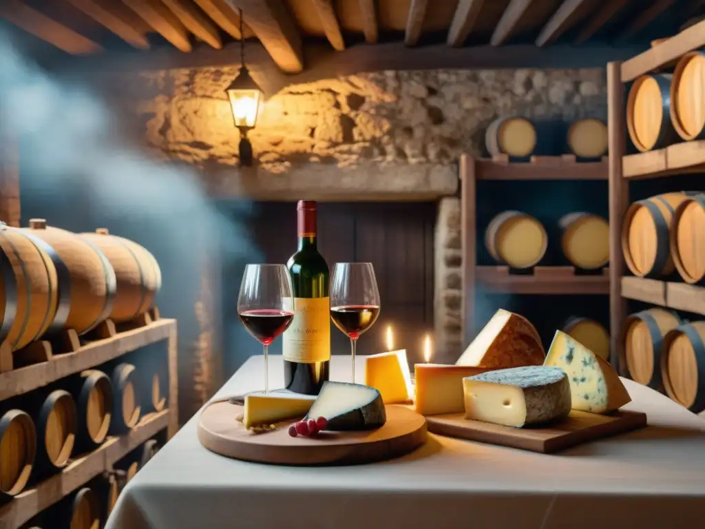 En una bodega subterránea en Francia, una aventura gastronómica: queso, embutidos y baguettes junto a antiguas botellas de vino