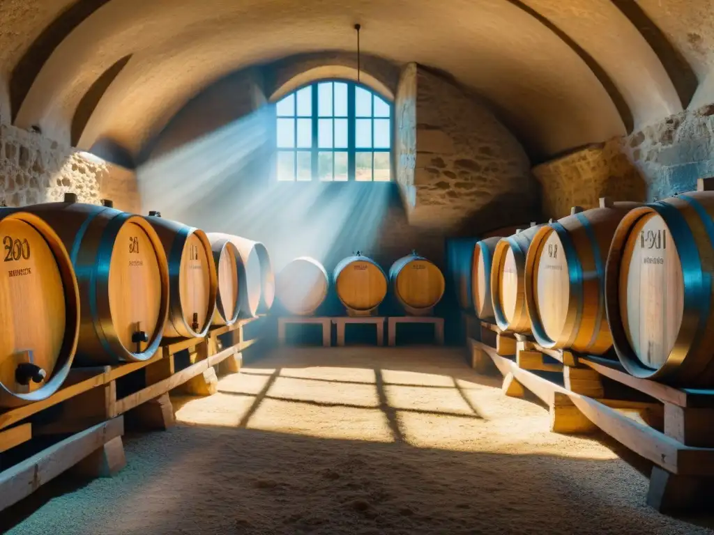 En la bodega subterránea del chateau en Burdeos, barricas de roble alineadas en penumbra