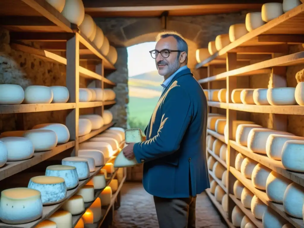 Una bodega tradicional francesa en Auvergne, con quesos azules Bleu d'Auvergne envejeciendo en estantes de madera