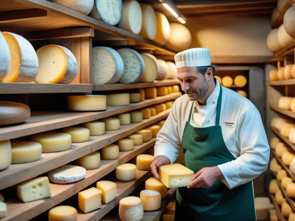 Una bodega tradicional en Normandía con quesos Pont l'Évêque envejeciendo, un quesero inspeccionando las ruedas