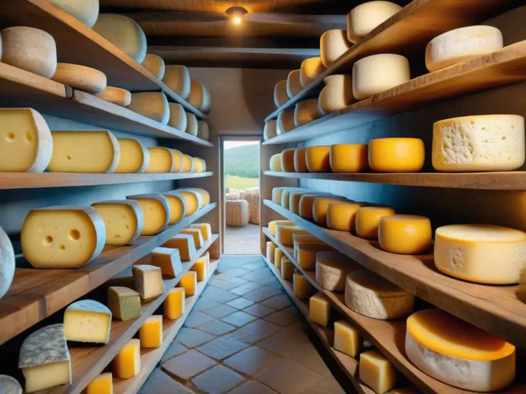 Una bodega tradicional de quesos franceses en el Suroeste: quesos envejeciendo en estantes de madera, con luz natural