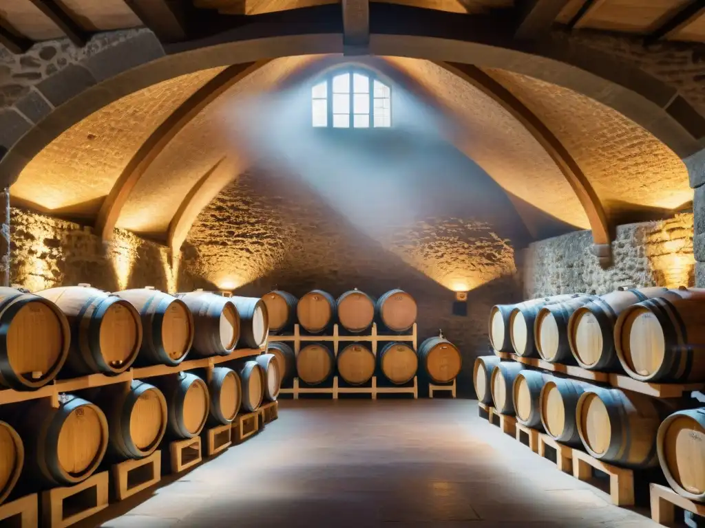 Una bodega tradicional en Borgoña, Ródano-Alpes, repleta de barricas de roble envejeciendo vinos Pinot Noir y Chardonnay