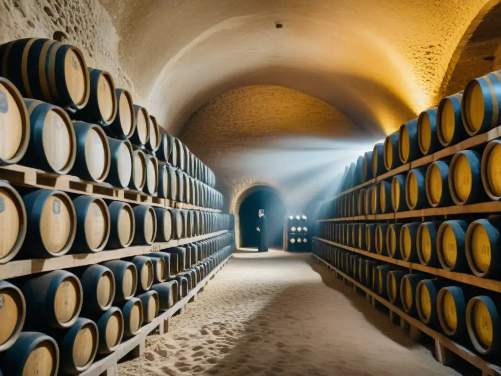 Bodegas Champagne Francia Visita: Antigua bodega de Champagne en Francia, con botellas apiladas en hileras en la tenue luz dorada