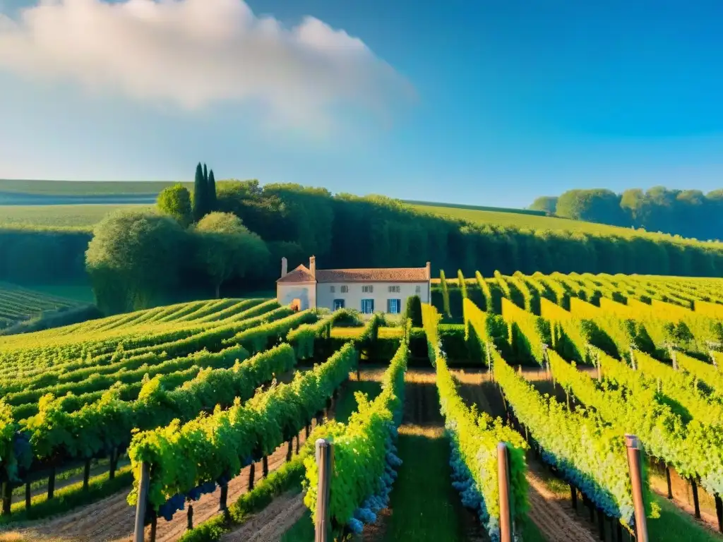 Bodegas Champagne Francia Visita: Viñedo en la región de Champagne con viñedos verdes y bodega tradicional francesa